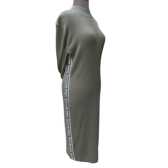 Michael Kors Logo Tape Ribbed Knit Sweater Dress XL Olive Green Luxury Spellout - Picture 1 of 8